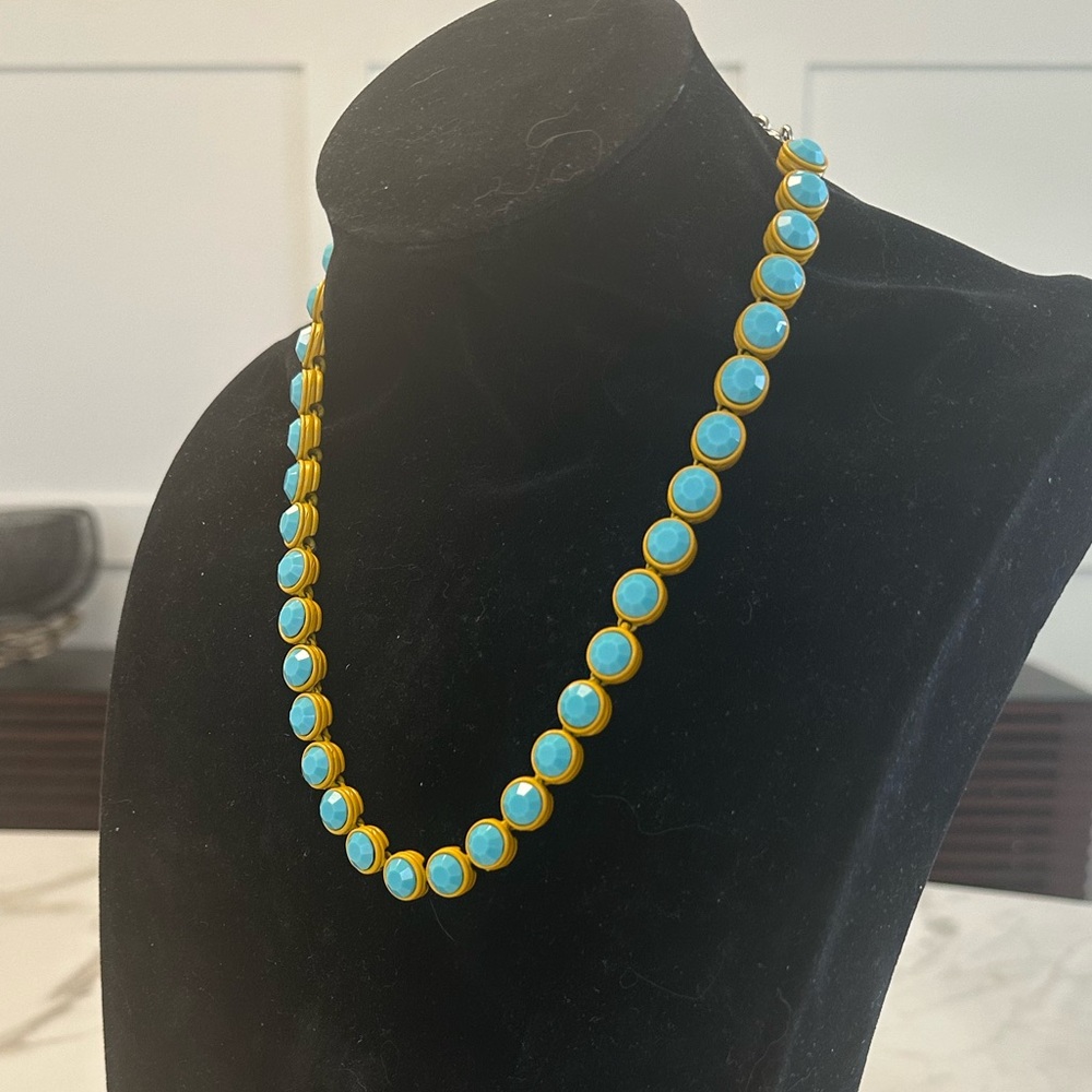 TOVA - Opaque Turquoise Crystal & Mustard Yellow Coated Enamel Necklace - Picture 4 of 15
